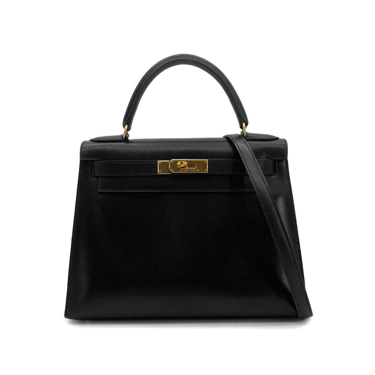 HERMES KELLY 28 SELLIER BLACK BOXCALF HAND SHOULDER BAG □A GHW 90306340