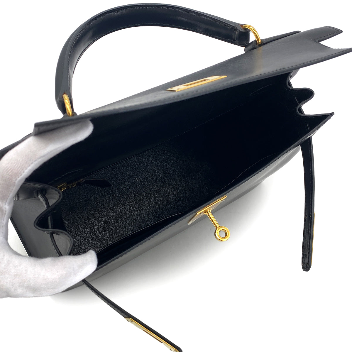 HERMES KELLY 28 SELLIER BLACK BOXCALF HAND SHOULDER BAG □A GHW 90306340