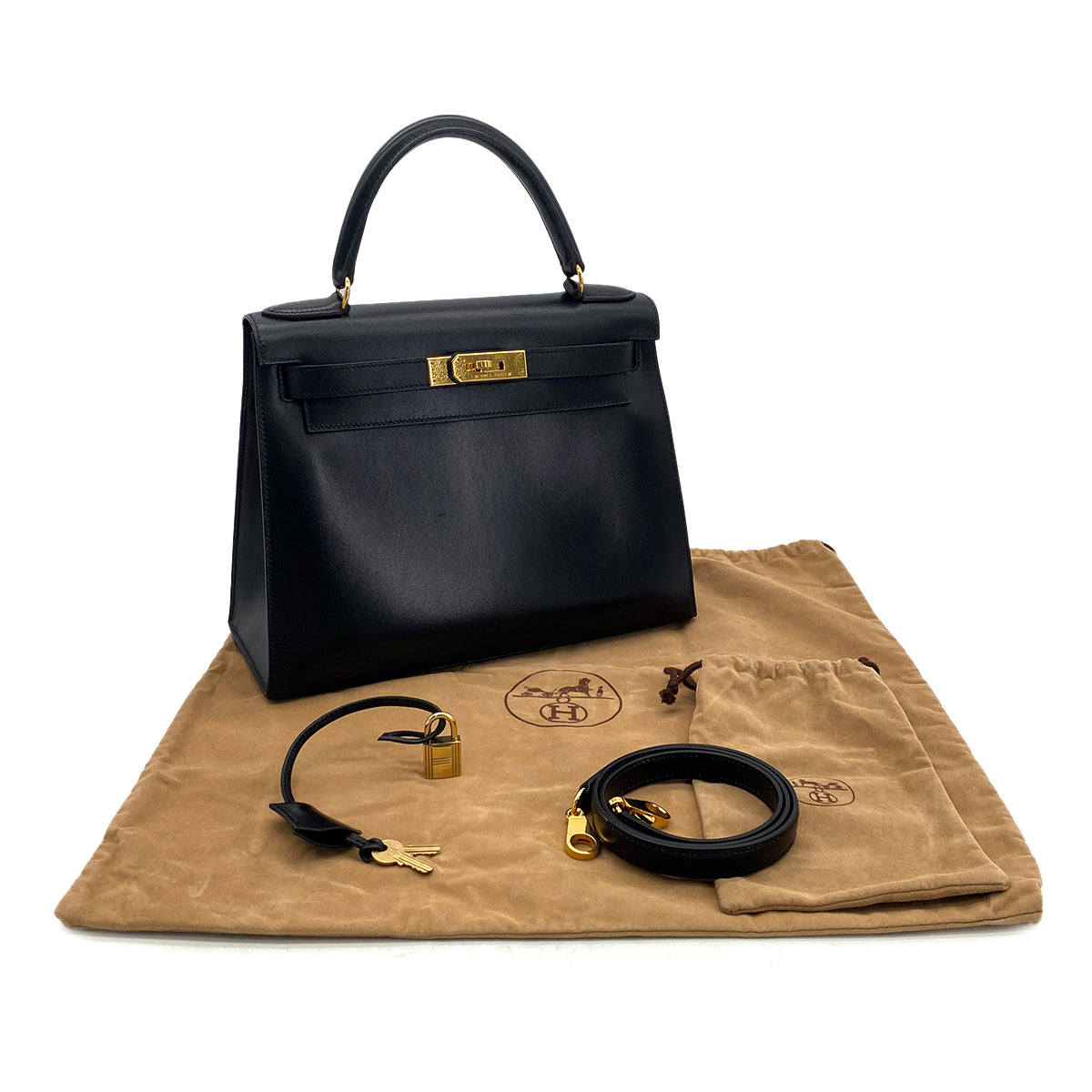 HERMES KELLY 28 SELLIER BLACK BOXCALF HAND SHOULDER BAG □A GHW 90306340