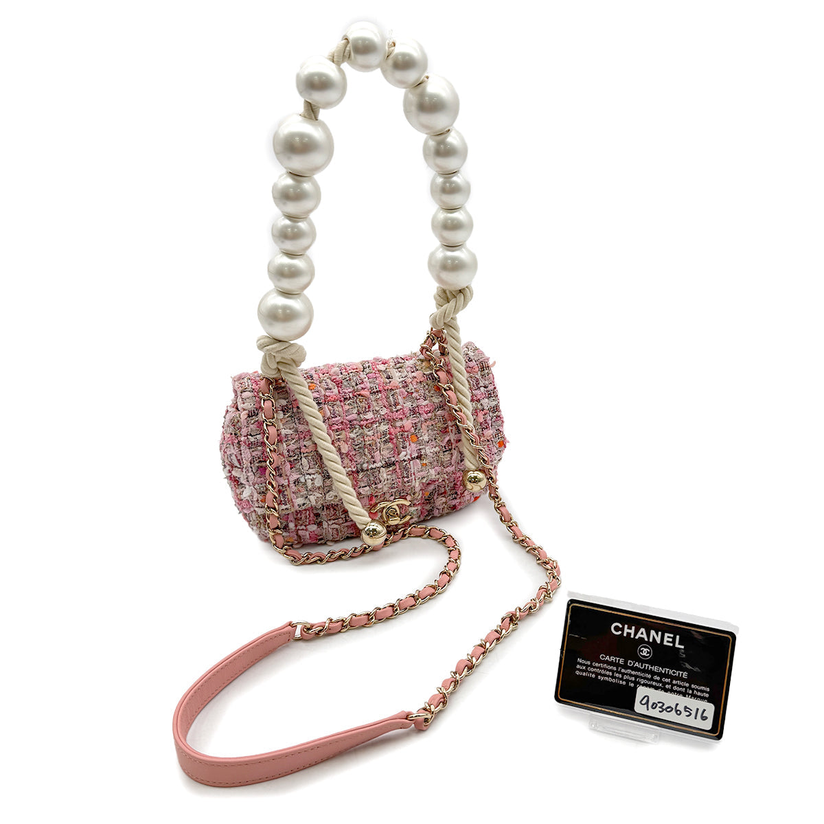CHANEL MINI MATELASSE FAUX PEARL CHAIN HAND SHOULDER BAG PINK TWEED 90306516