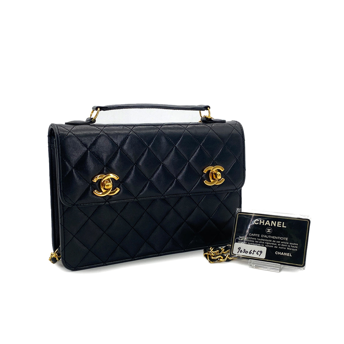 CHANEL VINTAGE DOUBLE TURN LOCK MATELASSE CHAIN SHOULDER HAND BAG BLACK LAMB SKIN 90306569