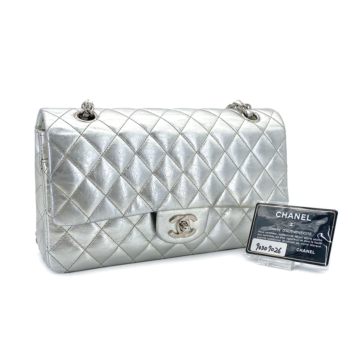 CHANEL VINTAGE MATELASSE CHAIN SHOULDER BAG SILVER LEATHER 90307026