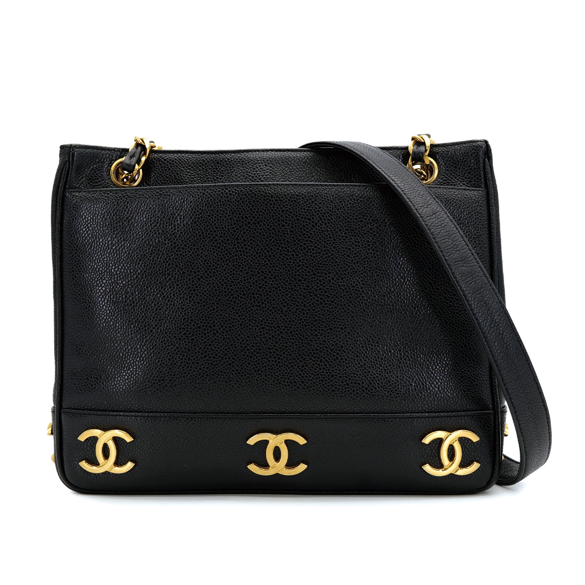 CHANEL VINTAGE TRIPLE COCO CHAIN TOTE BAG BLACK CAVIAR SKIN 90308203 - PURPOSE