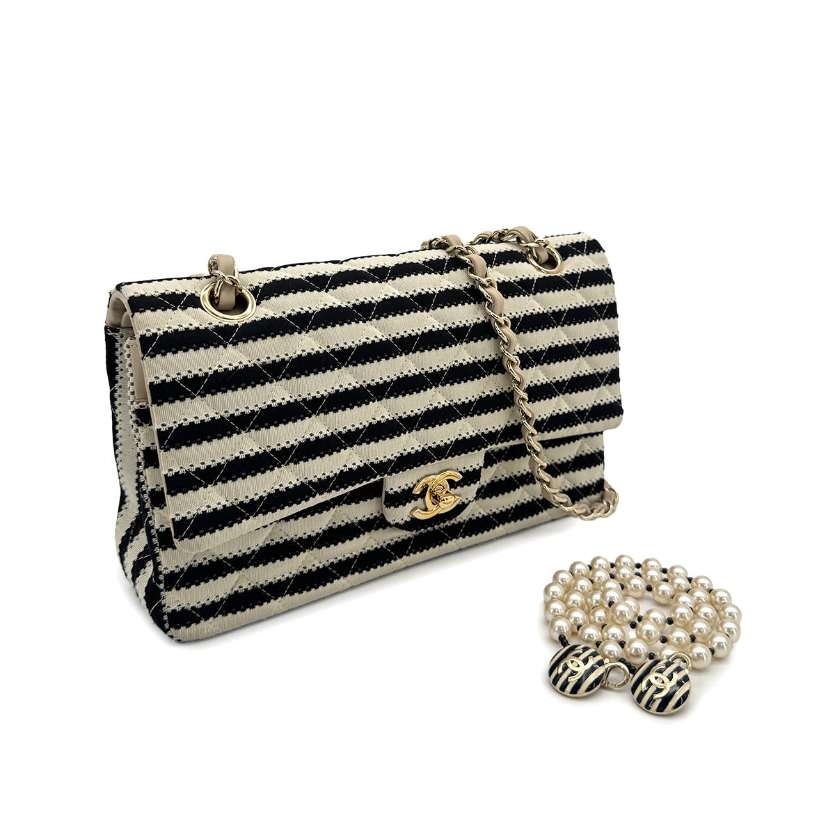CHANEL MATELASSE BORDER CHAIN SHOULDER BAG FAUX PEARL BLACK WHITE COTTON 90308210