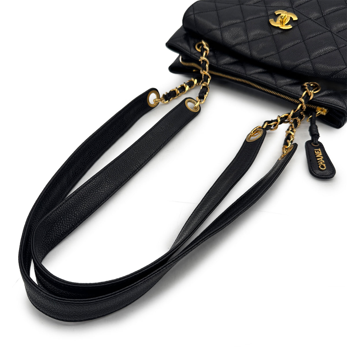 CHANEL VINTAGE MATELLASSE TURN LOCK CHAIN TOTE BAG BLACK CAVIAR SKIN 90308268