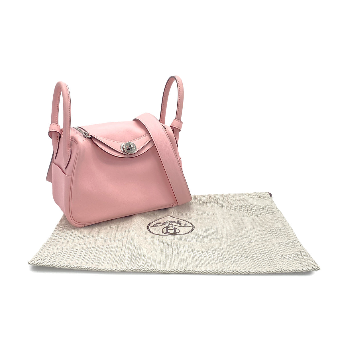 HERMES LINDY MINI ROSE SAKURA VEAU SWIFT SHOULDER BAG Z PALLADIUM HARDWARE 90308976