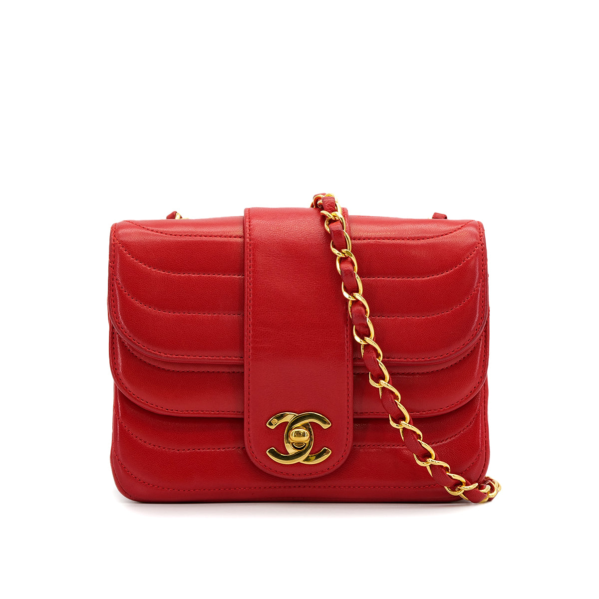 CHANEL VINTAGE MADEMOISELLE CHAIN SHOULDER BAG RED LAMB SKIN 90308988