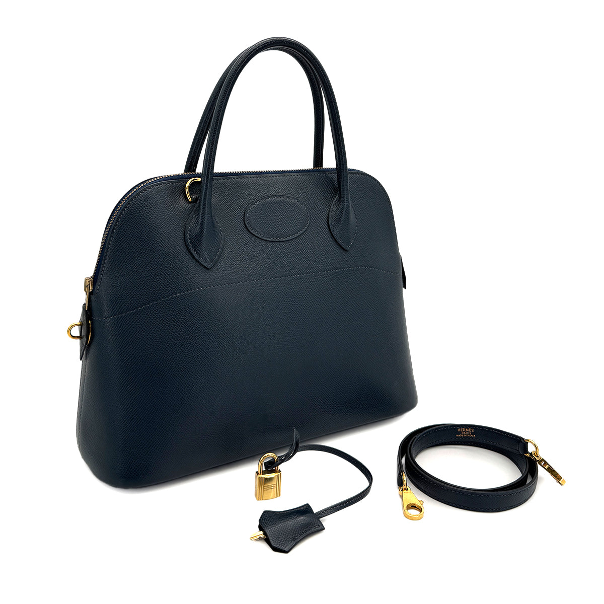 HERMES BOLIDE 31 BLUE INDIGO COURCHEVEL HAND SHOULDER BAG □C GOLD HARDWARE 90309668 - PURPOSE