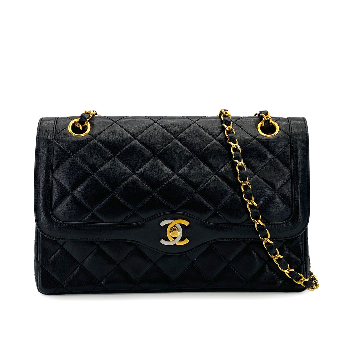 VINTAGE CHANEL PARIS LIMITED EDITION MATELASSE CHAIN SHOULDER BAG BLACK LAMB SKIN GOLD HARDWARE 90310309
