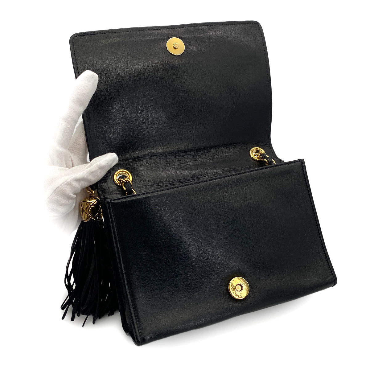 VINTAGE CHANEL MATELASSE FRINGE CHAIN SHOULDER BAG BLACK LAMB SKIN GOLD HARDWARE 90310329