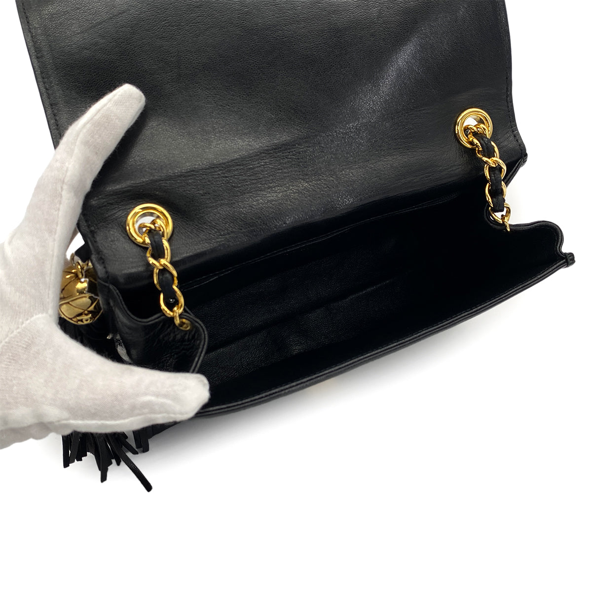 VINTAGE CHANEL MATELASSE FRINGE CHAIN SHOULDER BAG BLACK LAMB SKIN GOLD HARDWARE 90310329