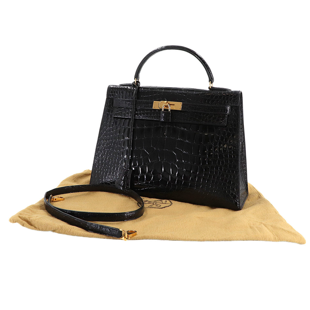 HERMES Kelly 32 Crocodile Alligator Black 2-way Hand/Shoulder Bag, External Stitching, V Stamp, Kelly, Hermes 90313947