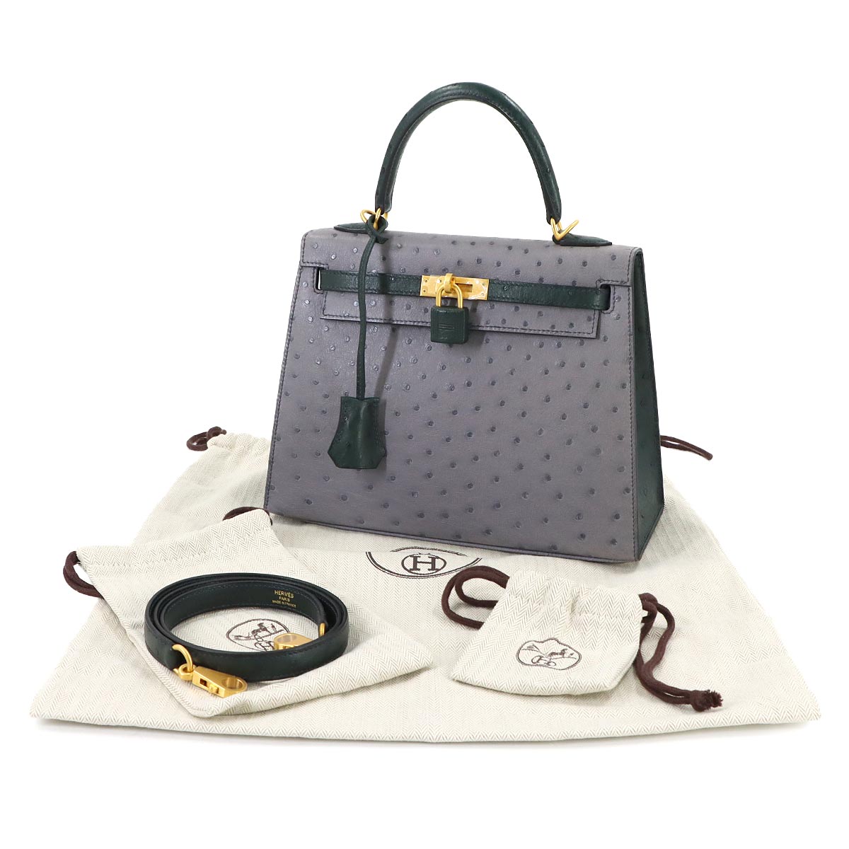 HERMES Kelly 25 Personal SPO Ostrich Griagate Vert Cypres 2-way Hand/Shoulder Bag, External Stitching, D Stamp, Gold Hardware, Kelly Hermes 90315044