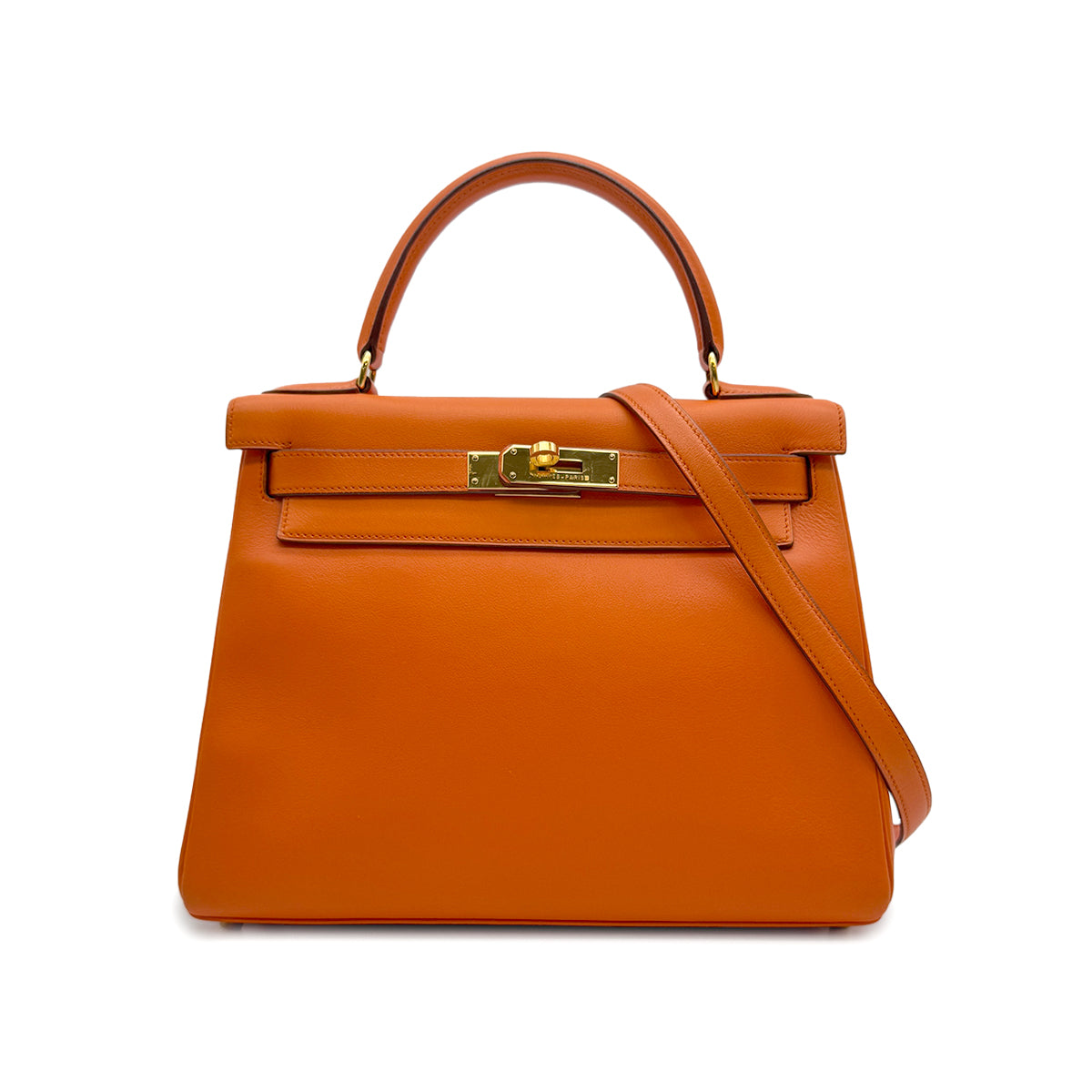 HERMES KELLY 28 RETORNE ORANGE VEAU GULLIVER HAND SHOULDER BAG 1993 CIRCLE W GOLD HARDWARE 90315621