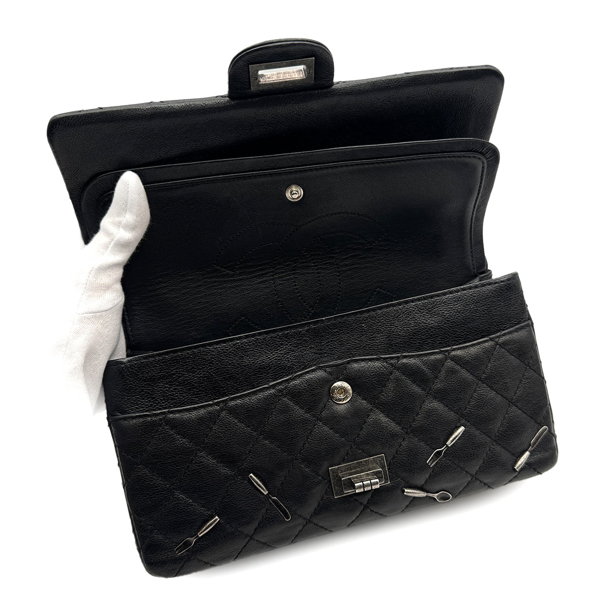 VINTAGE CHANEL 2.55 CHAIN SHOULDER BAG BLACK LEATHER CUTLERY CARM 90316165