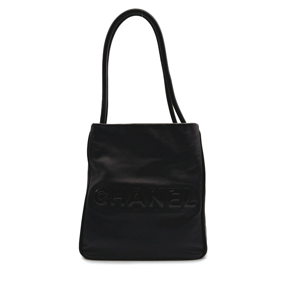 VINTAGE CHANEL CAMELLIA LOGO TOTE BAG BLACK LEATHER ENAMEL 90317870