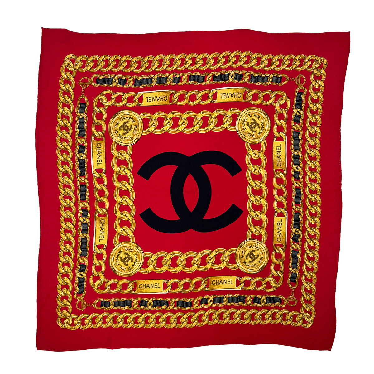 VINTAGE CHANEL SCARF COCOMARK CHAIN MOTIF RED SILK 90319724