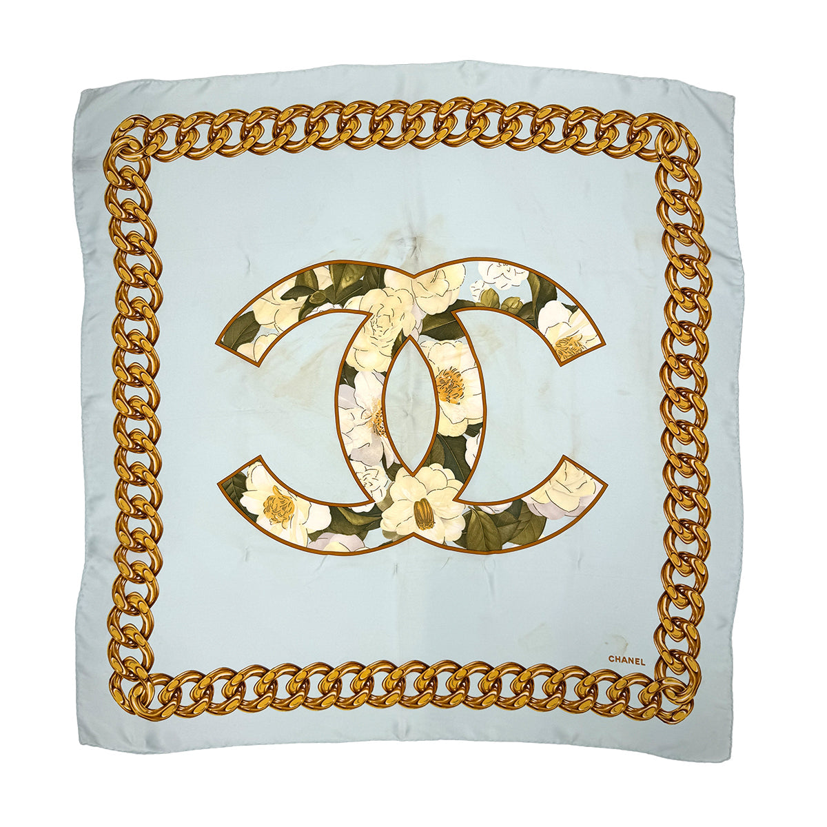 VINTAGE CHANEL SCARF CAMELLIA CHAIN MOTIF LIGHT BLUE SILK 90320192