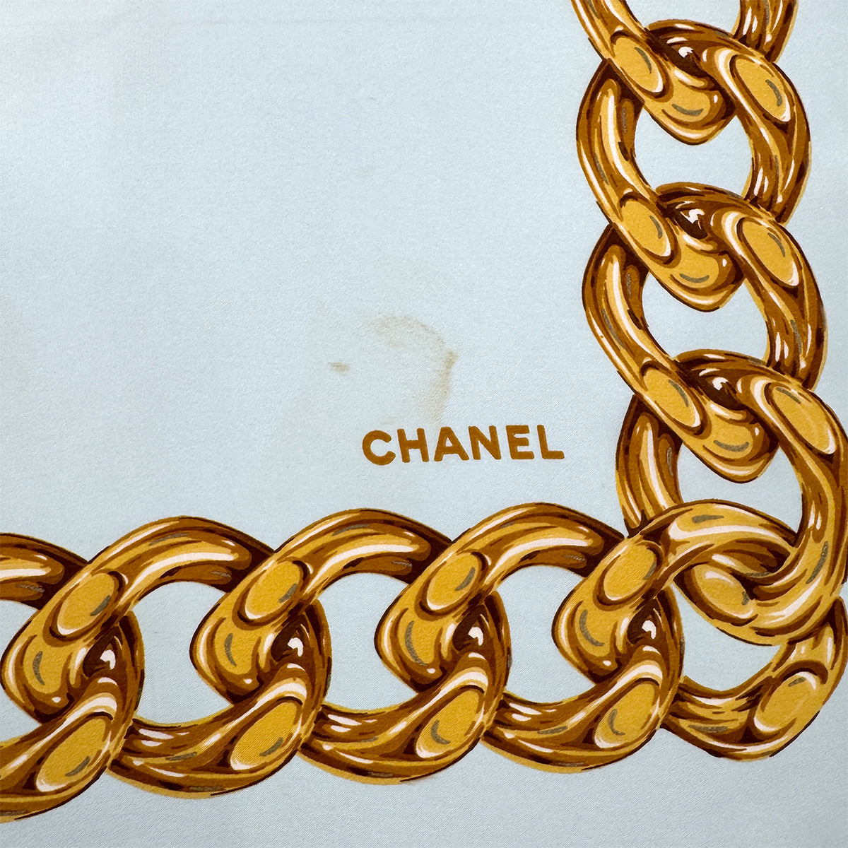VINTAGE CHANEL SCARF CAMELLIA CHAIN MOTIF LIGHT BLUE SILK 90320192