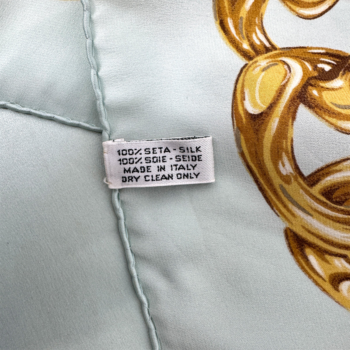 VINTAGE CHANEL SCARF CAMELLIA CHAIN MOTIF LIGHT BLUE SILK 90320192
