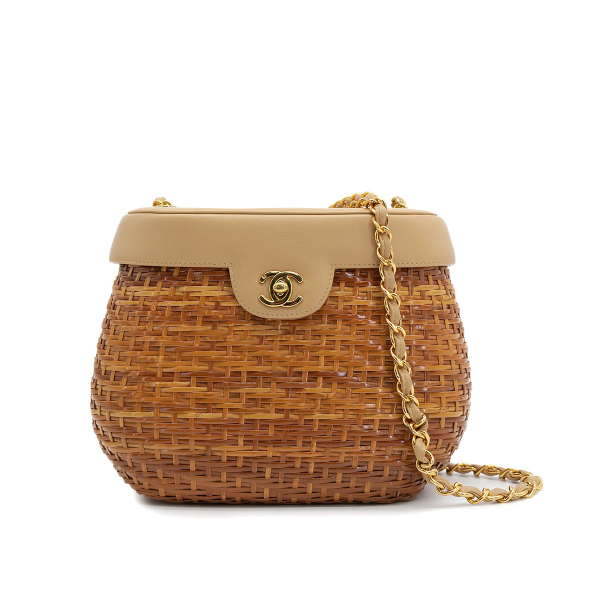 VINTAGE CHANEL COCOMARK TURN LOCK BASKET CHAIN SHOULDER BAG BEIGE RATTAN LAMB SKIN GOLD HARDWARE 90321145