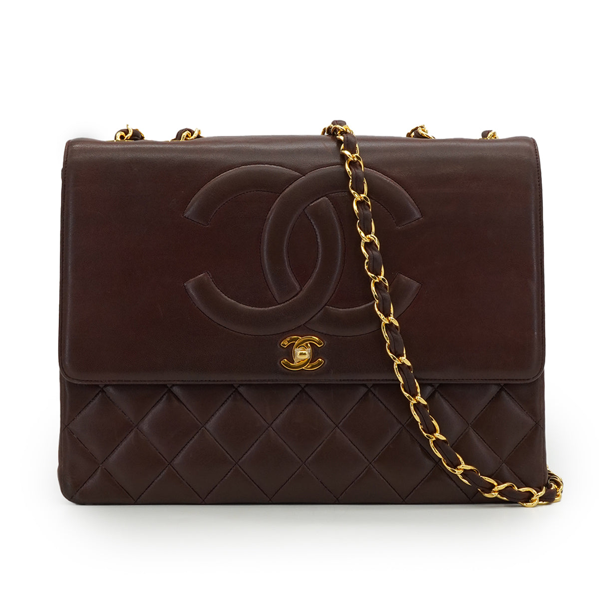 VINTAGE CHANEL MATELASSE BIG COCO CHAIN SHOULDER BAG BROWN LAMB SKIN GOLD HARDWARE 90327096