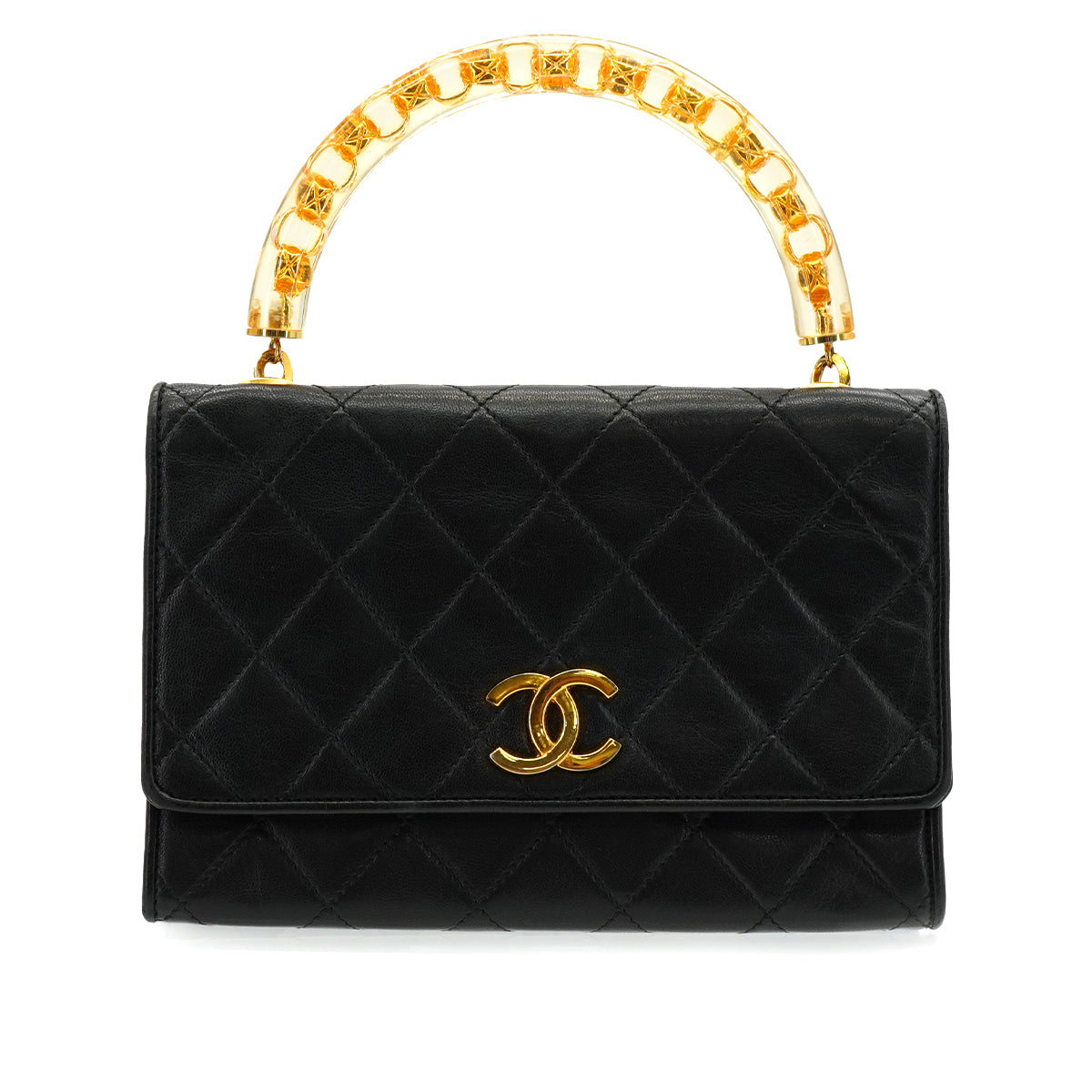 VINTAGE CHANEL MATELASSE HAND BAG BLACK LAMB SKIN GOLD HARDWARE 90340138