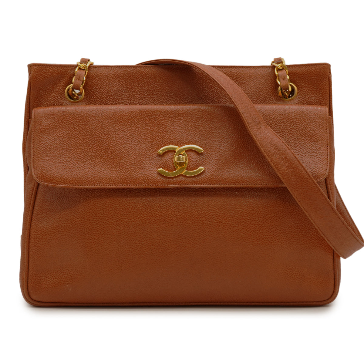 VINTAGE CHANEL BIG COCO TURN LOCK CHAIN TOTE SHOULDER BAG BROWN CAVIAR SKIN GOLD HARDWARE 90340489