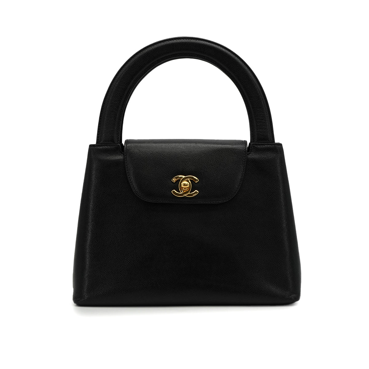 VINTAGE CHANEL TURN LOCK HAND BAG BLACK CAVIAR SKIN GOLD HARDWARE 90341844