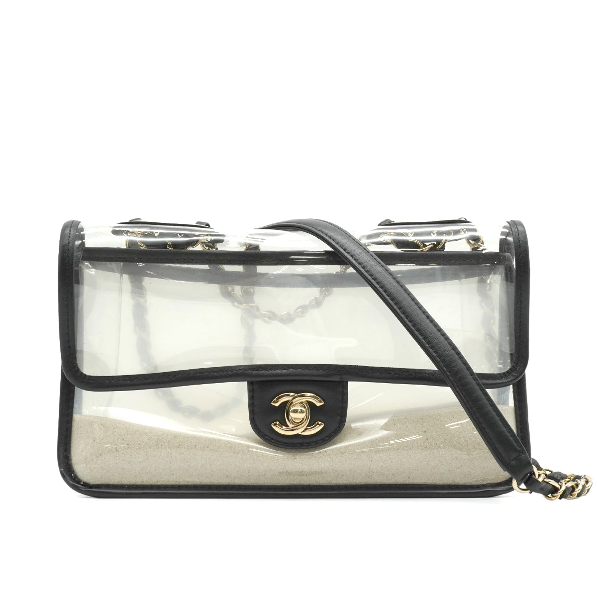 CHANEL SAND BY THE SEA CHAIN SHOULDER BAG BLACK CLEAR VINYL SAND LAMB SKIN GOLD HARDWARE 90341908