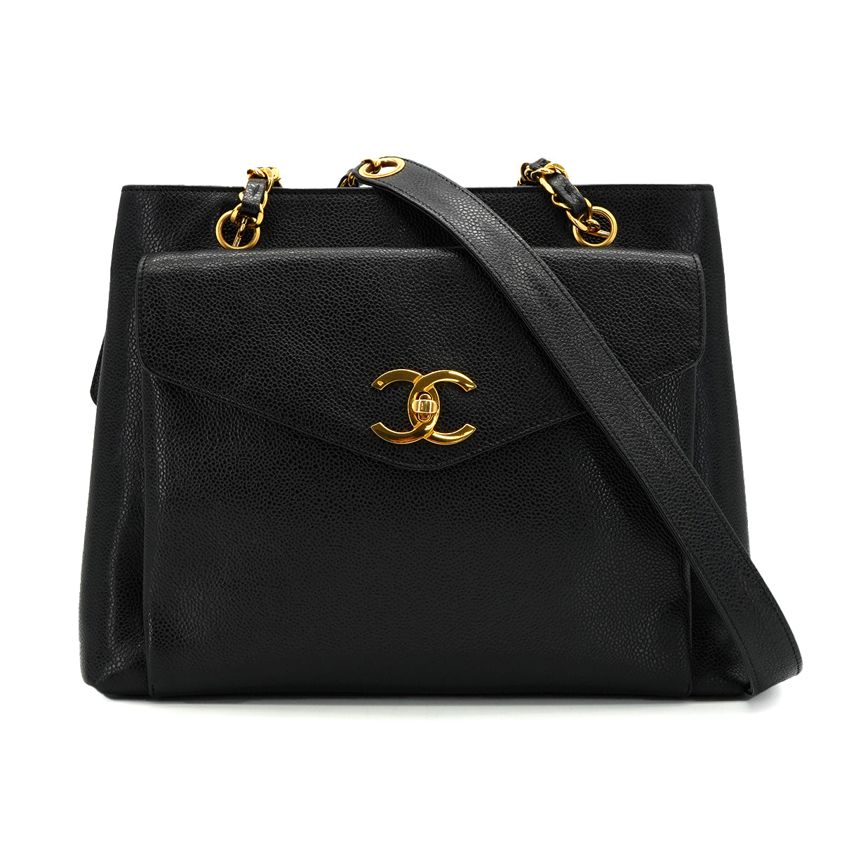 VINTAGE CHANEL CHAIN SHOULDER BAG BLACK CAVIAR SKIN GOLD HARDWARE 90342574