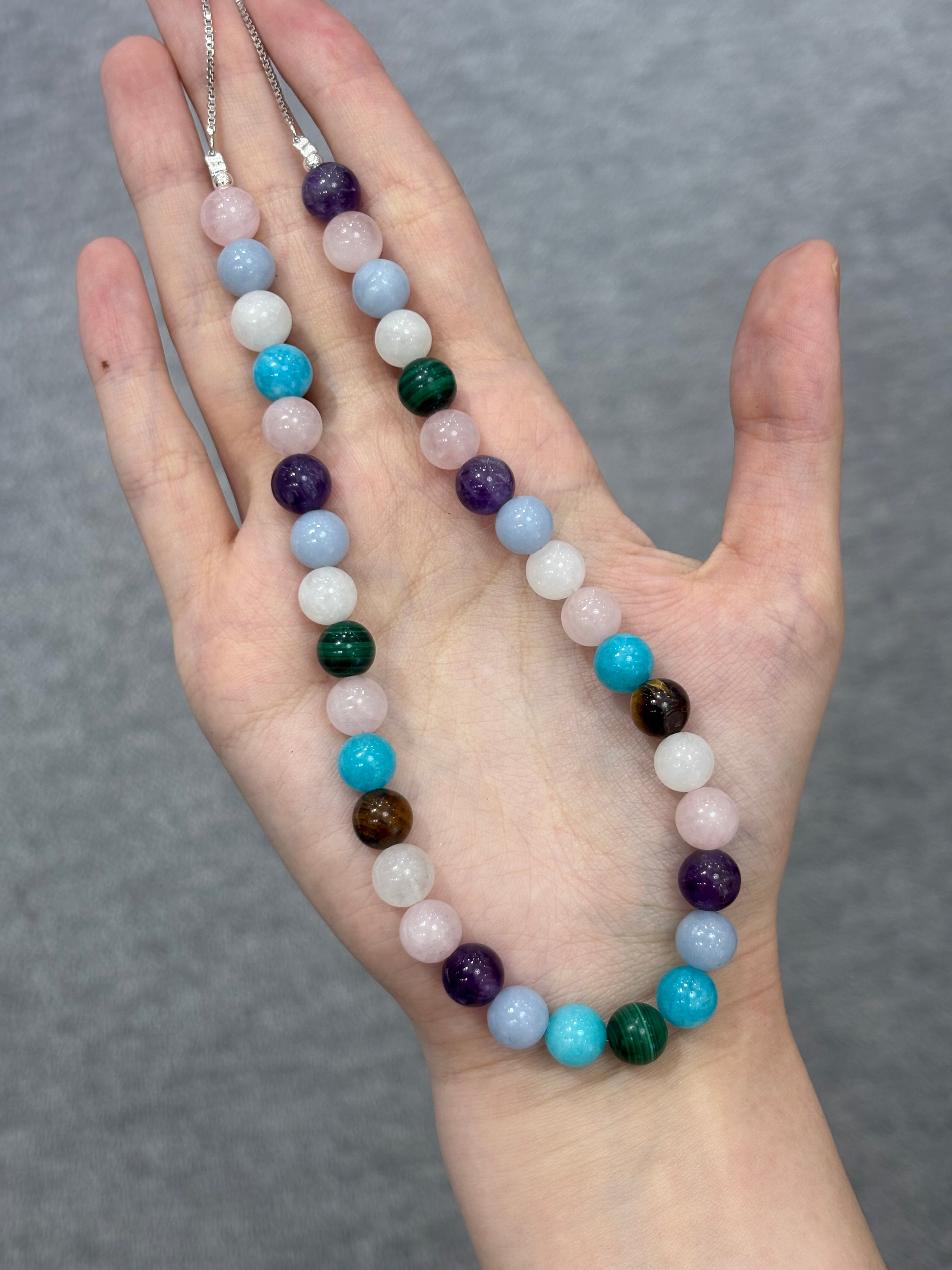 Candy Necklace: malachite, tiger’s eye, amethyst, amazonite, aquamarine, rose quartz, angelite, white agate DXBCS4475