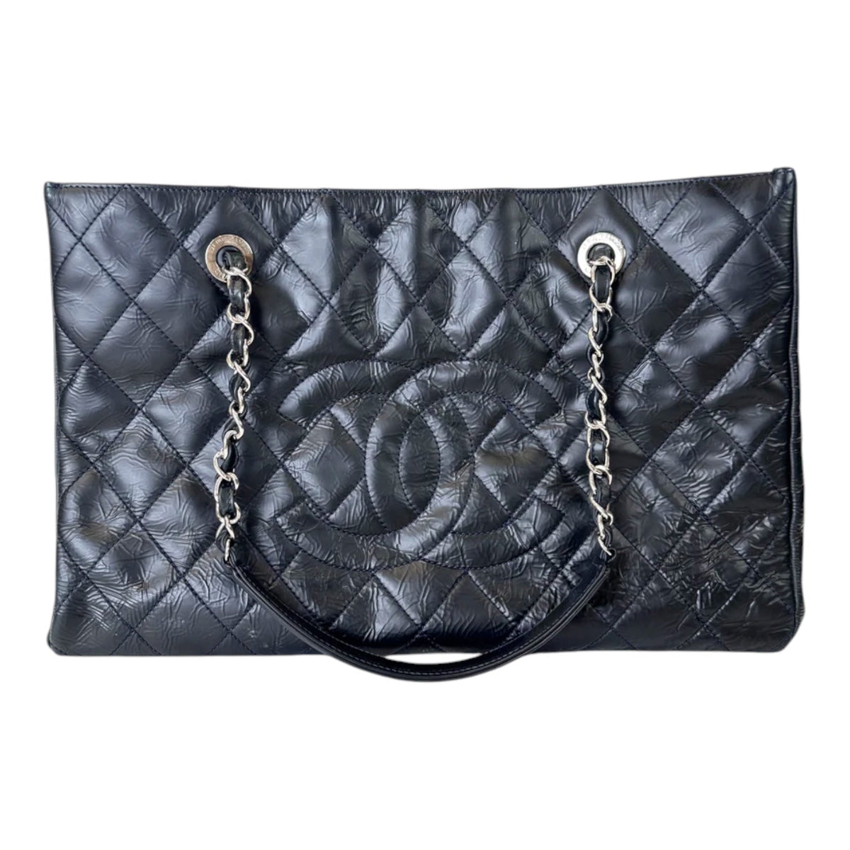 Chanel Black Shiny Leather Shopping Tote Bag