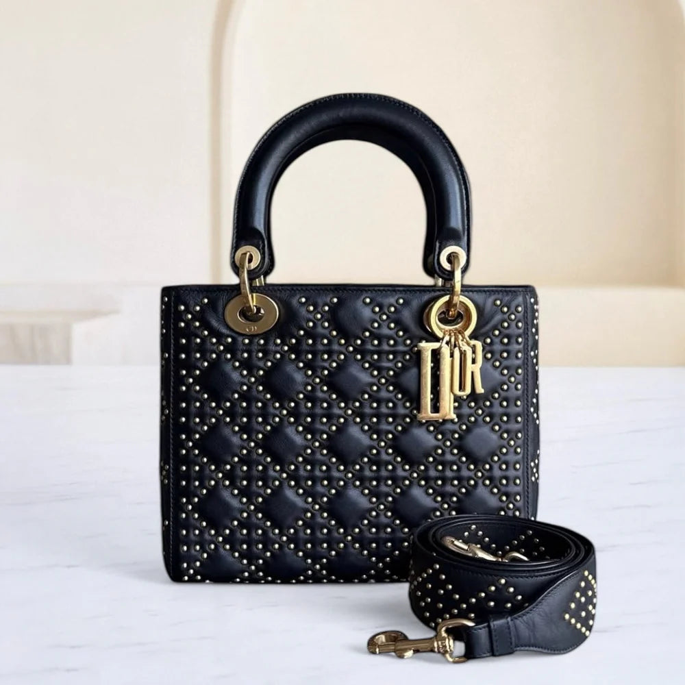 DIOR LADY MEDIUM FLAP - STUDDED CANNAGE CALFSKIN BLACK GOLD HARDWARE SYCM475