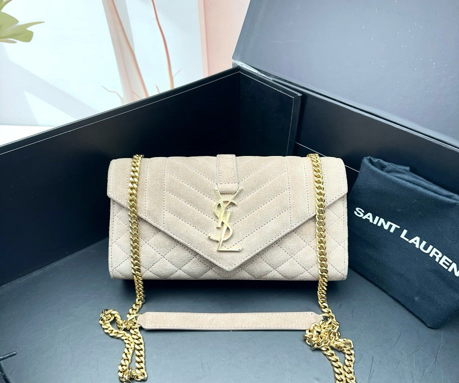 Saint Laurent Beige Suede Quilted Envelope Chain Wallet 11979209