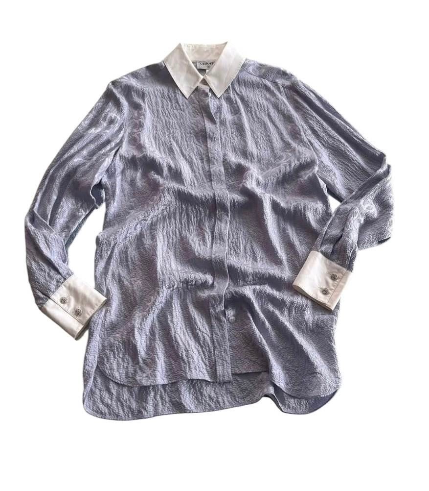 Chanel Logo Silk Shirt Lilac/White Sz 38 SYCYA117