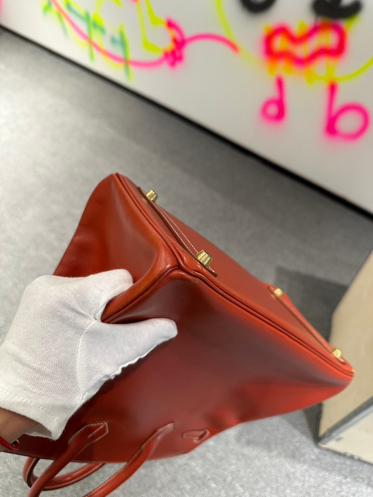 Hermès HAC 32 Brick Red Box Leather Stamp B Pristine Condition