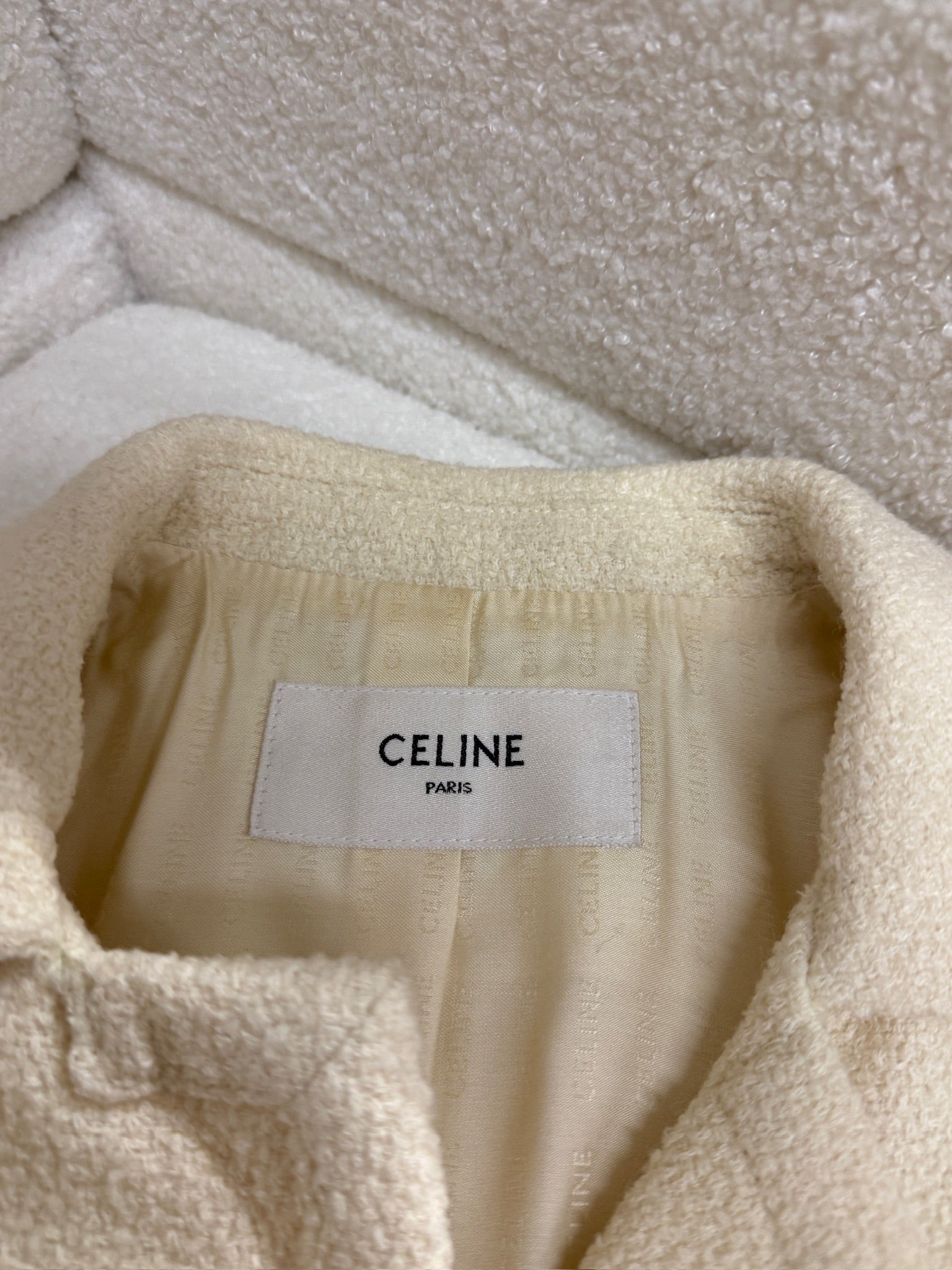 Celine Women's Wool Blend Tweed Short Sleeve Jacket & Skirt Set - Beige with Gold Buttons
