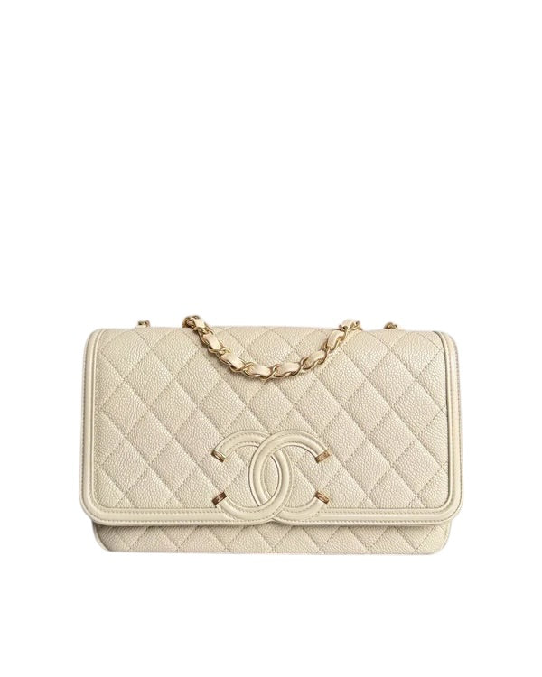 CHANEL FILIGREE CC MEDIUM - 25CM CAVIAR QUILTED IVORY LIGHT BEIGE GOLD HARDWARE SERIES 22 SYCMCA131