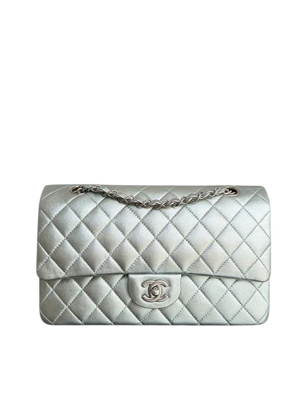 CHANEL CLASSIC FLAP MEDIUM - 25CM QUILTED LAMBSKIN IRRIDESCENT LIGHT GREEN SILVER HARDWARE SERIES 14 SYCMCA123