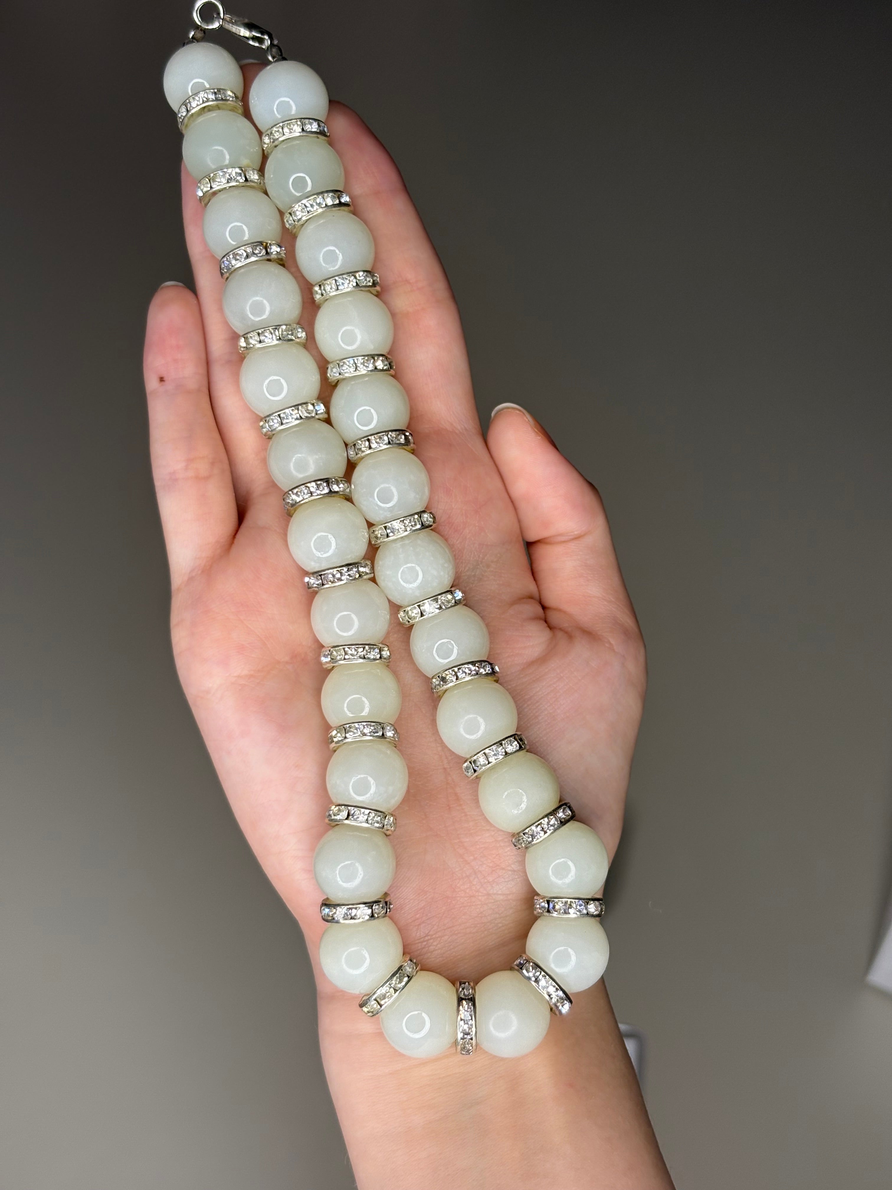 Rare Type AAA White Jade Necklace with crystal spacers D11.5mm-14.25mm DXBCS2585