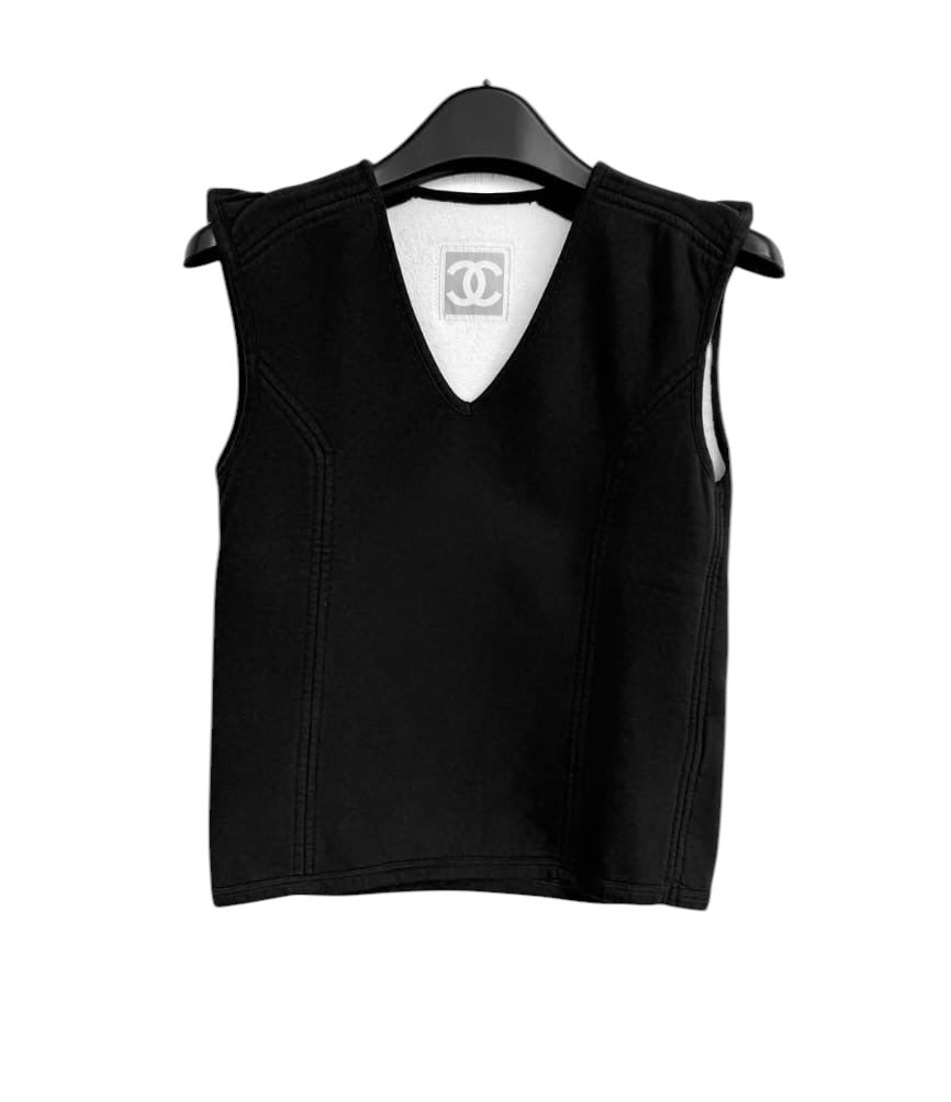 Chanel 04P Sleeveless V neck Top Black Cotton Sz 40 SYCYA118
