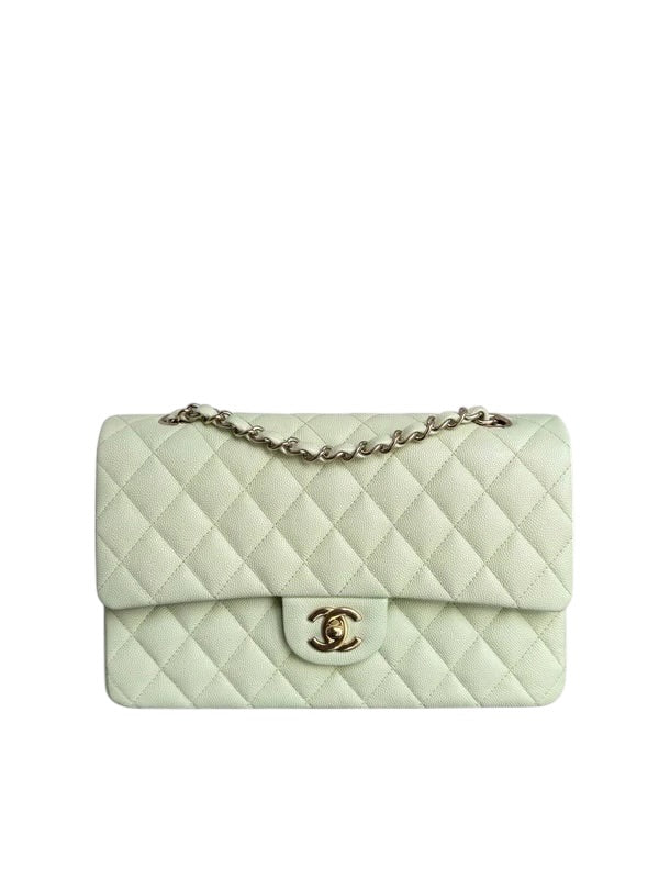 CHANEL CLASSIC FLAP MEDIUM - CAVIAR 25CM QUILTED LIGHT GREEN GOLD HARDWARE MICROCHIP SYCMCA124