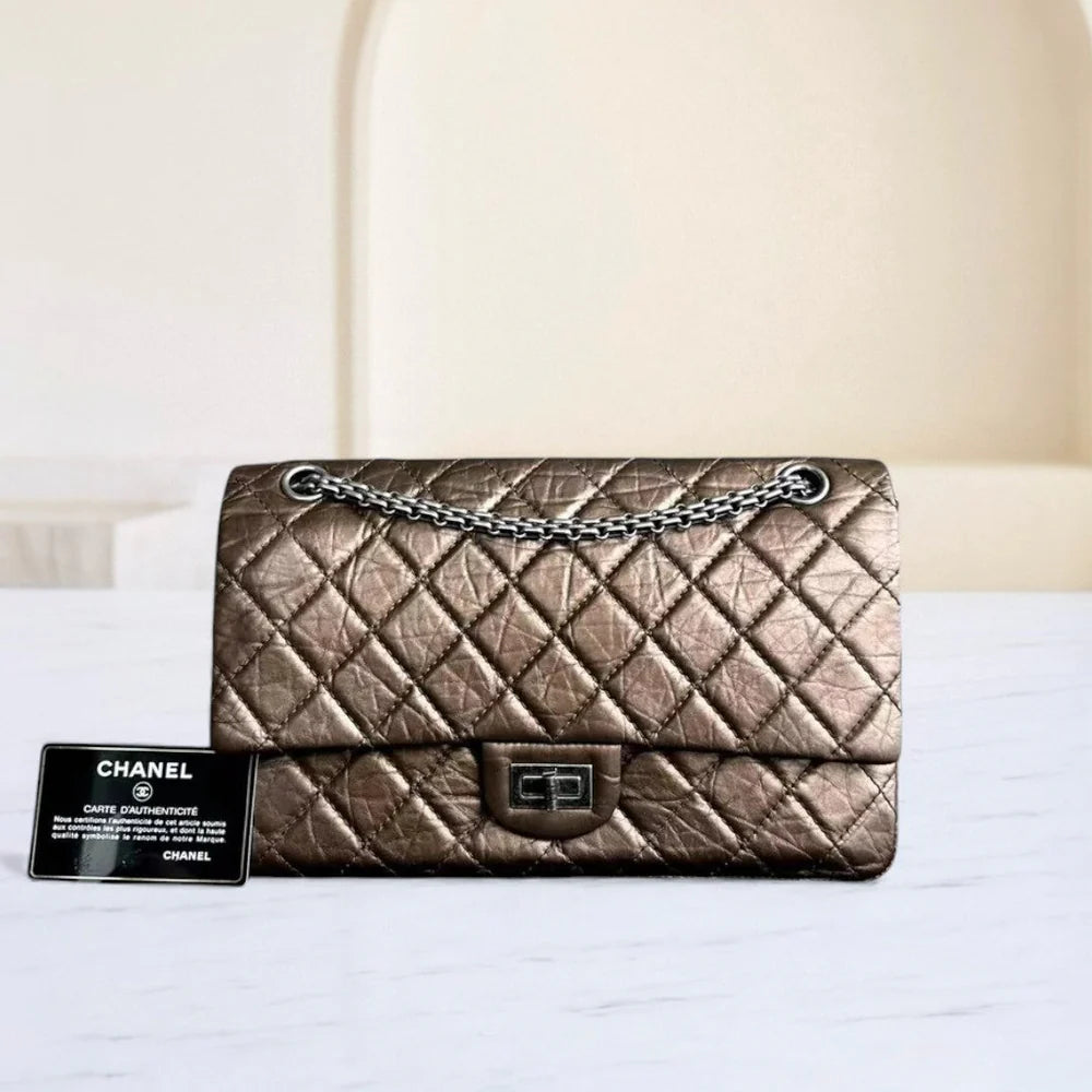 CHANEL 2.55 226 MEDIUM 28CM QUILTED CALFSKIN METALLIC BROWN BRONZE SHW  SYCM468