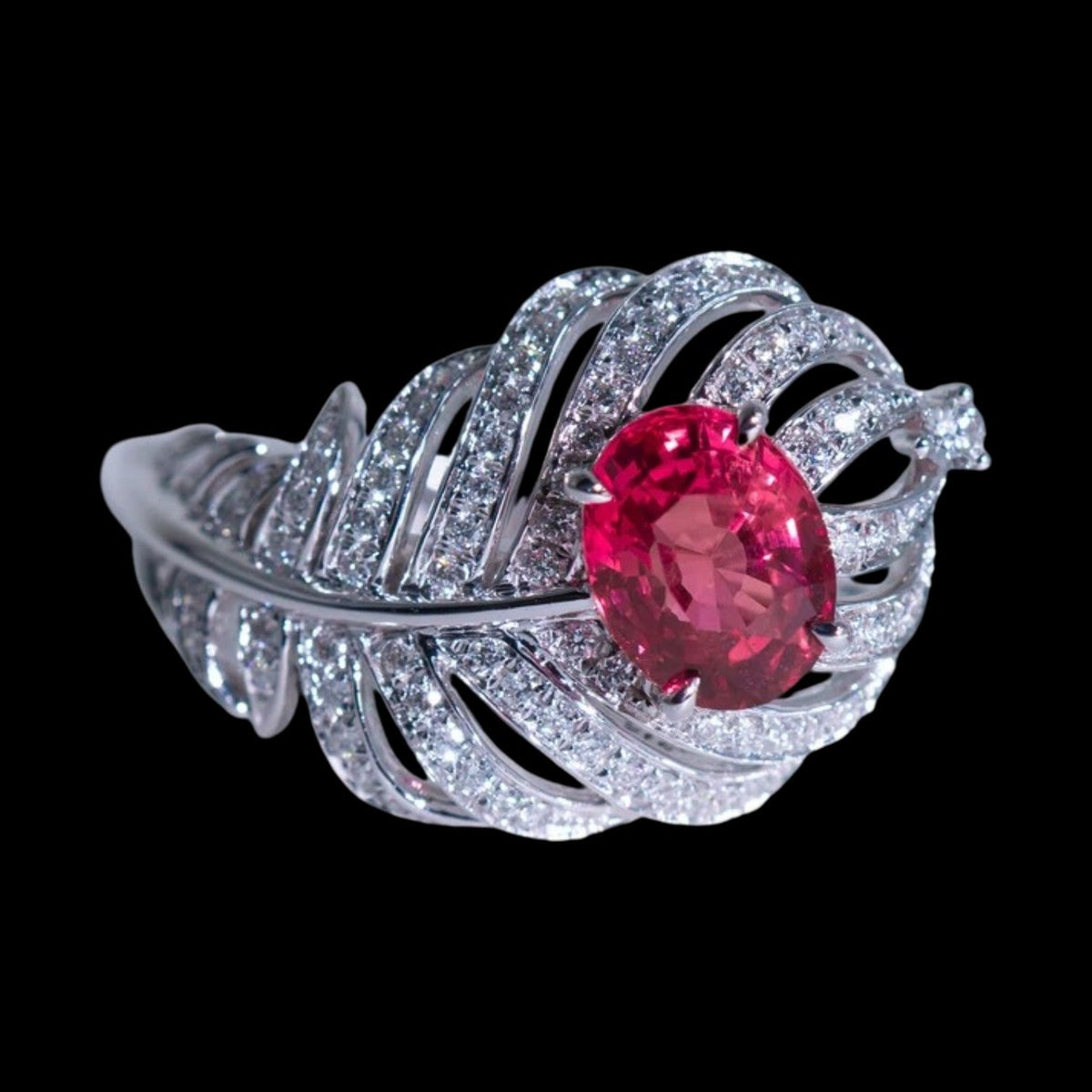 1.65ct Mozambique Natural Padparadscha Sapphire & 0.38ct Diamond Feather Ring set in 18K White Gold No Heat
