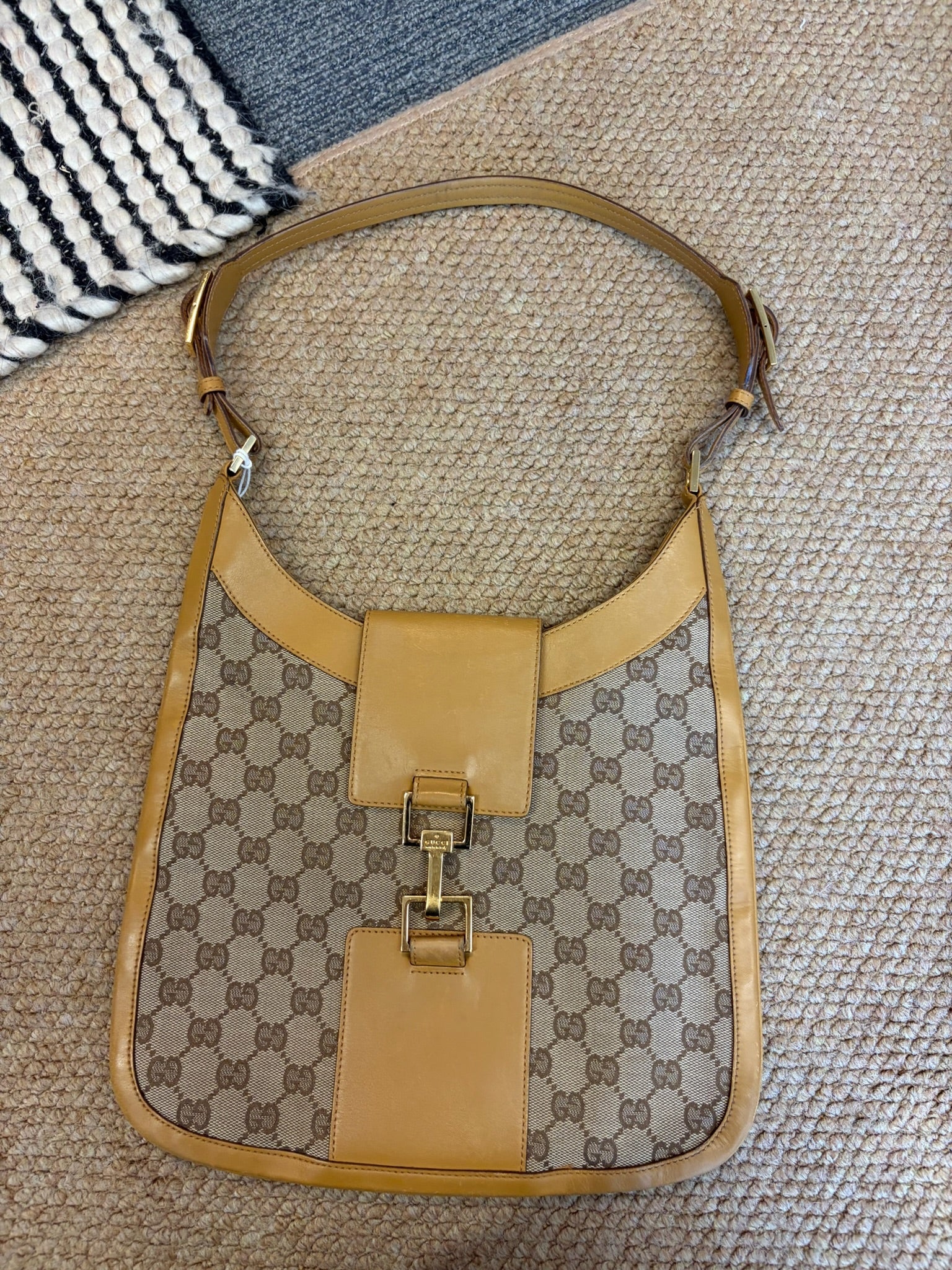 Gucci GG Shoulder Bag Light Brown Leather Trim GHW