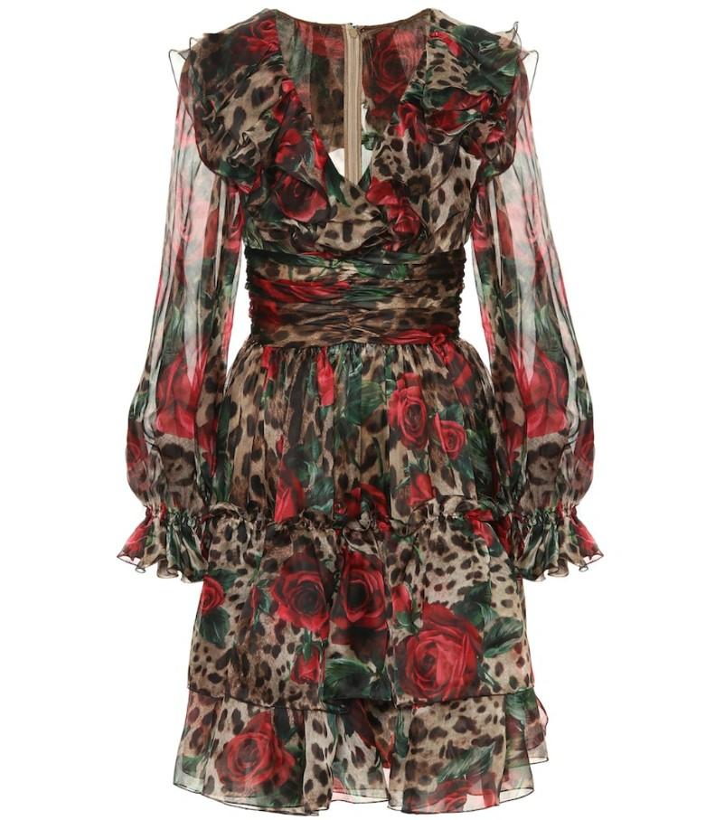 Dolce & Gabbana Dress Brown Leopard Roses Silk Ruffled Gown DG4084B