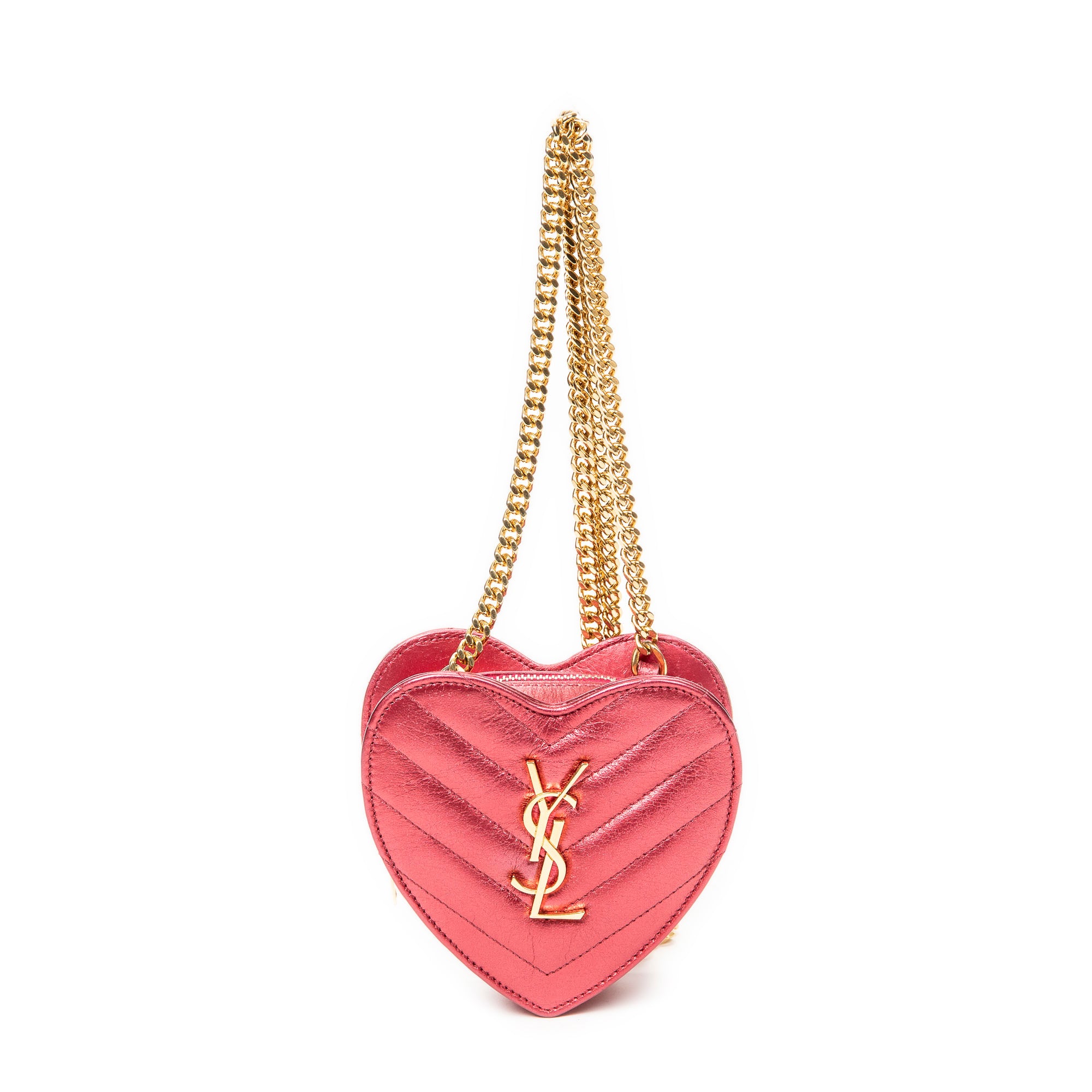 Yves Saint Laurent Love Heart Chain Bag 0 Metallic Pink Quilted Chevron Calfskin Leather ABA3777