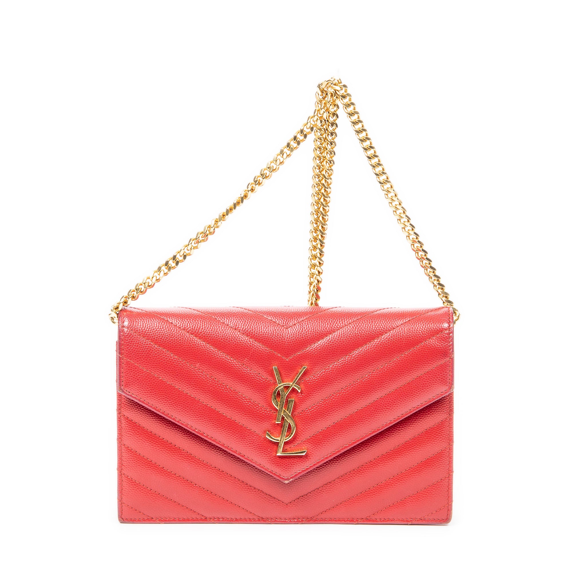 Yves Saint Laurent Envelope Wallet On Chain 0 Red Quilted Grain de Poudre Leather ABB3565