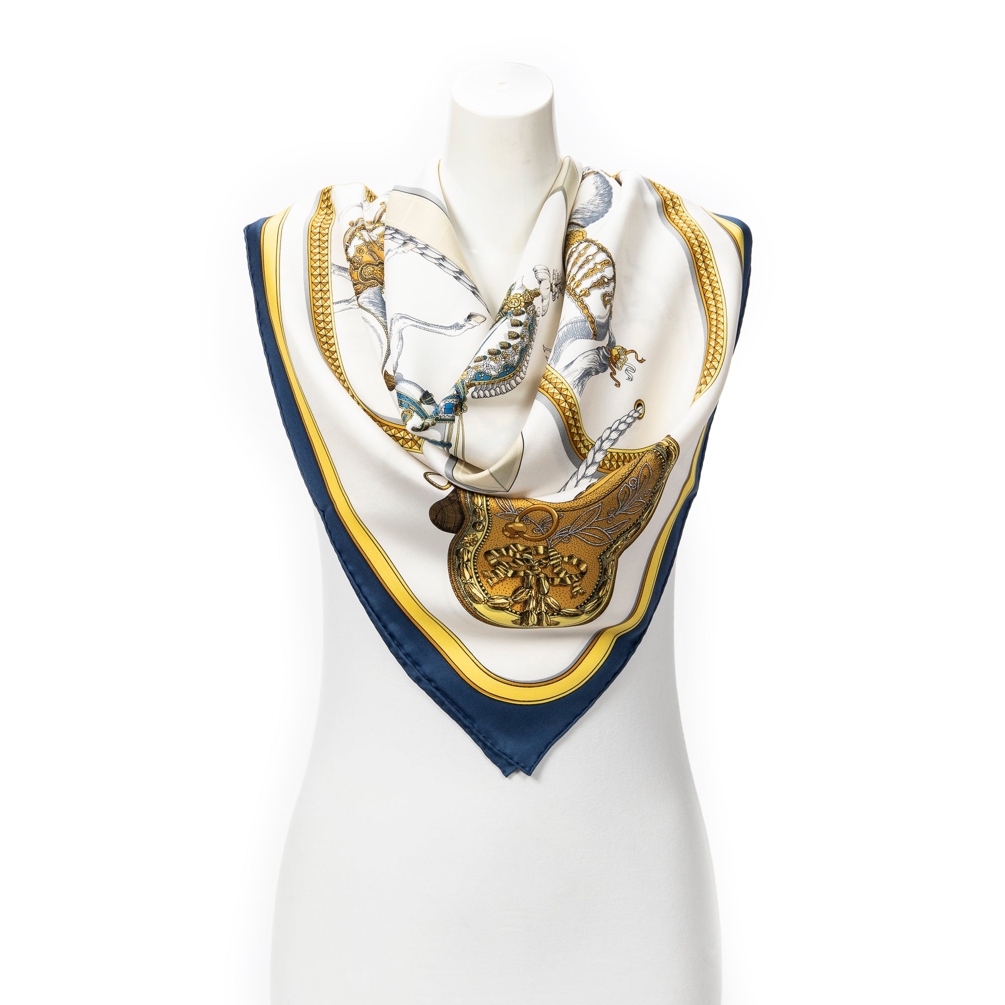 Hermès Blue/Gold/Ivory Silk Scarf ABB9467